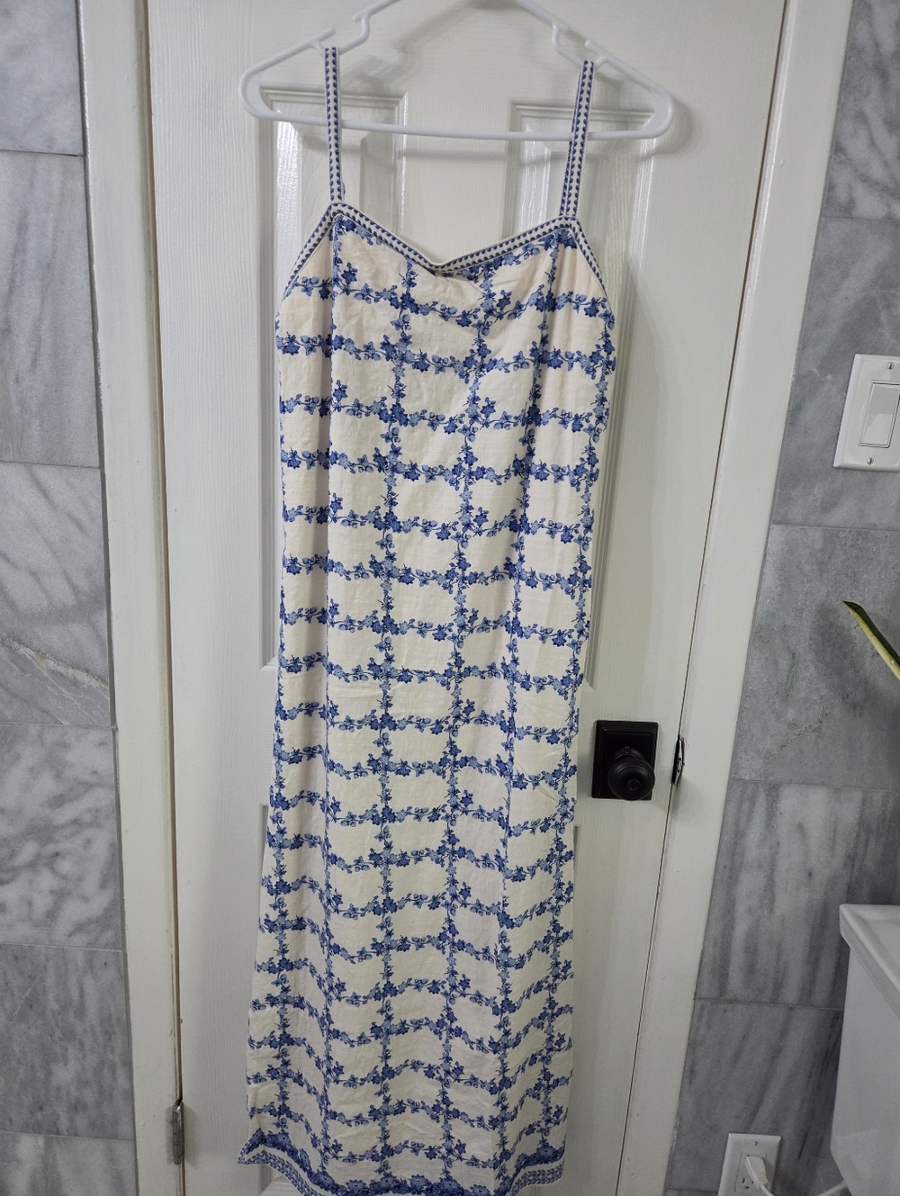 Max Studio Cream Maxi Slip Dress with Blue Floral Motif